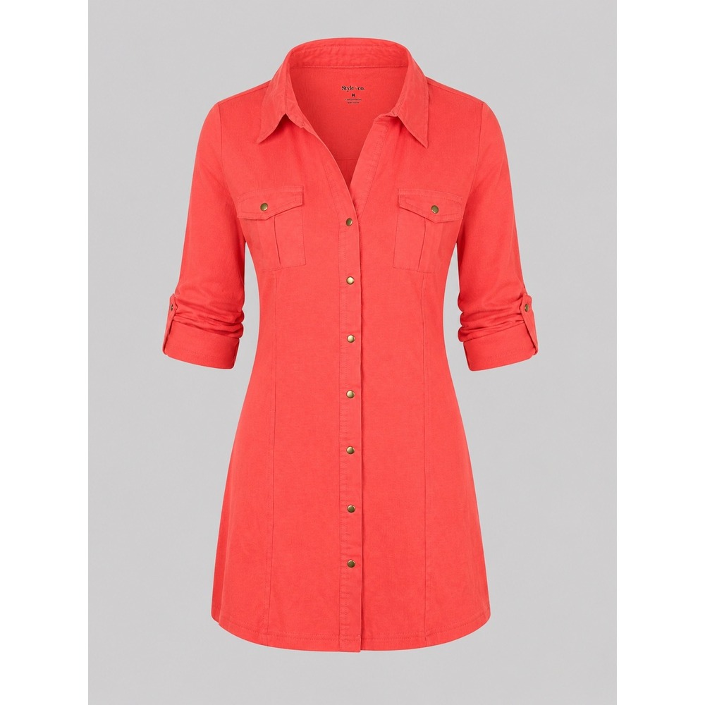 Style & Co Womens Coral Red Cotton 3/4 Sleeve Button Front Tunic Top Size M